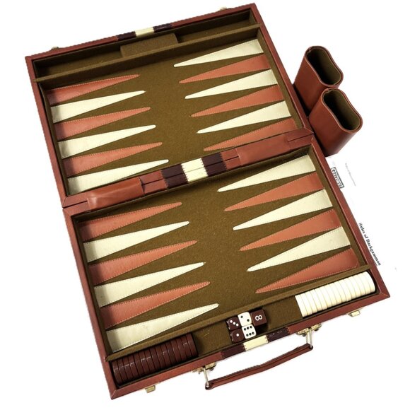 Backgammon Set Faux  Brown Cream Leather Case Complete - Picture 2 of 11